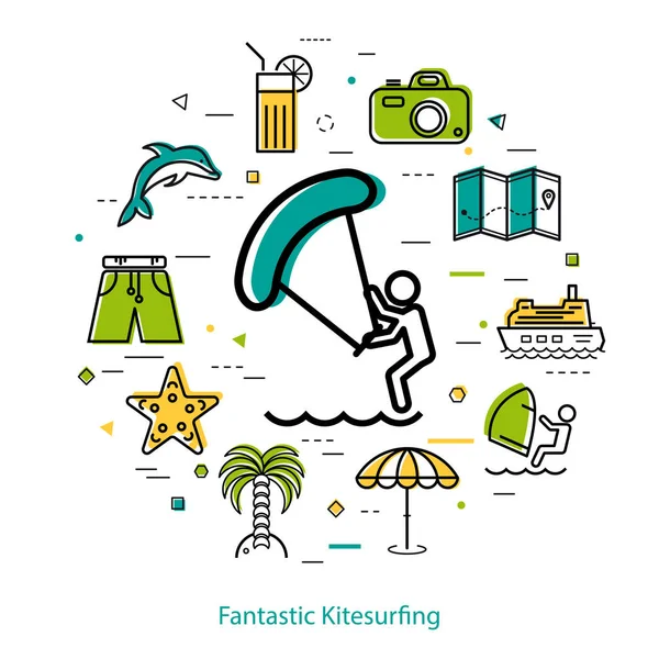 Fantástico Kitesurf - concepto de línea redonda — Archivo Imágenes Vectoriales