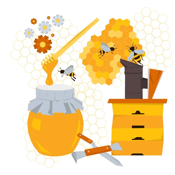 Концепция пчеловодства с продукцией и оборудованием — стоковый вектор