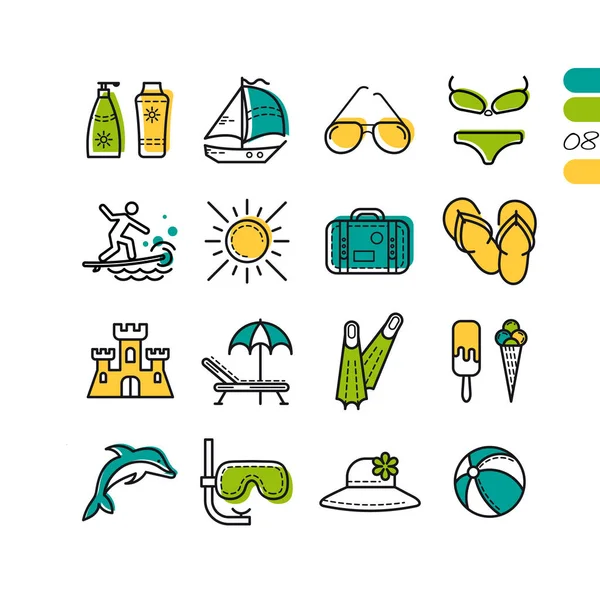 Set vacanze estive icone colorate lineari — Vettoriale Stock