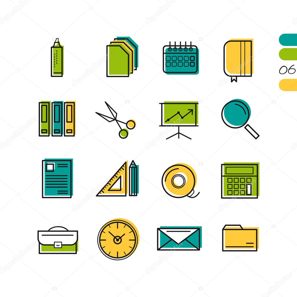 Sixteen thin line colored office icons