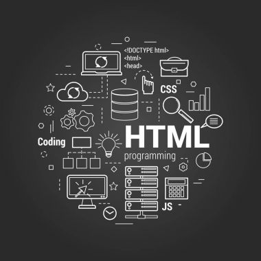 Vector Line Art Concept of html. Round banner for coding and web programming on a black chalkboard clipart svg vector 