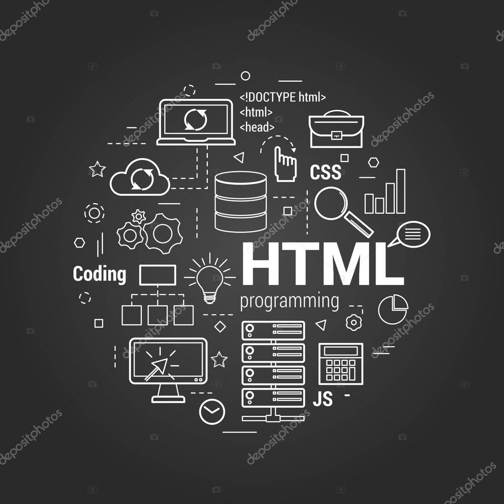 Vector of HTML coding linear concept on black Vector Line Art Concept of html. Round banner for coding and web programming on a black chalkboard stock vector