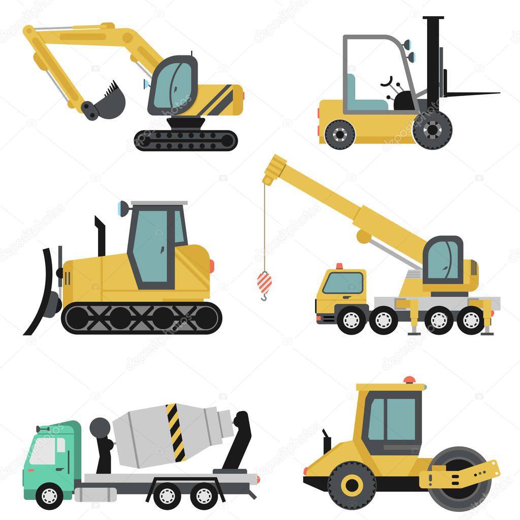 Heavy construction machinery flat Icon Set