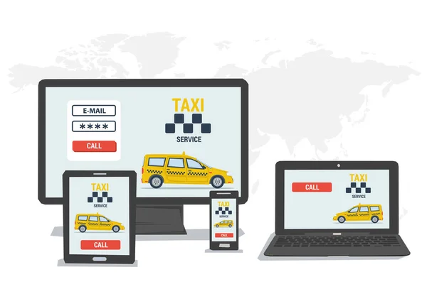 Chamada de táxi em telas de gadget —  Vetores de Stock