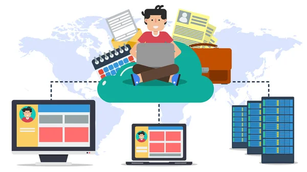 Hosting, cloud online con utenti e computer — Vettoriale Stock