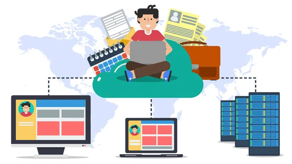 Hosting, nube en línea con usuarios y ordenadores — Archivo Imágenes Vectoriales