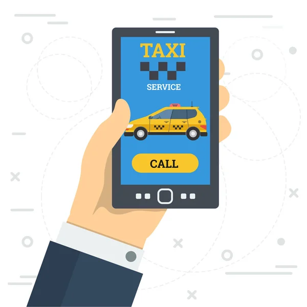 Servicio de taxi de mano de hombre de negocios por teléfono inteligente — Vector de stock