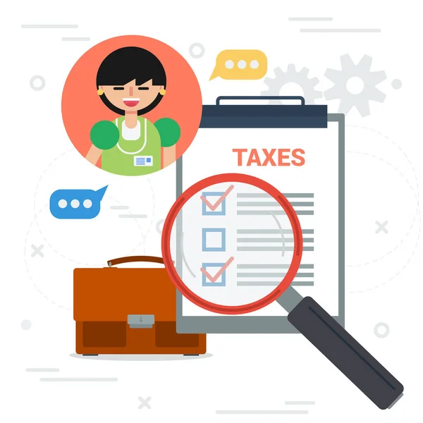 Tax inspector with magnifier and check list — Stock Vector