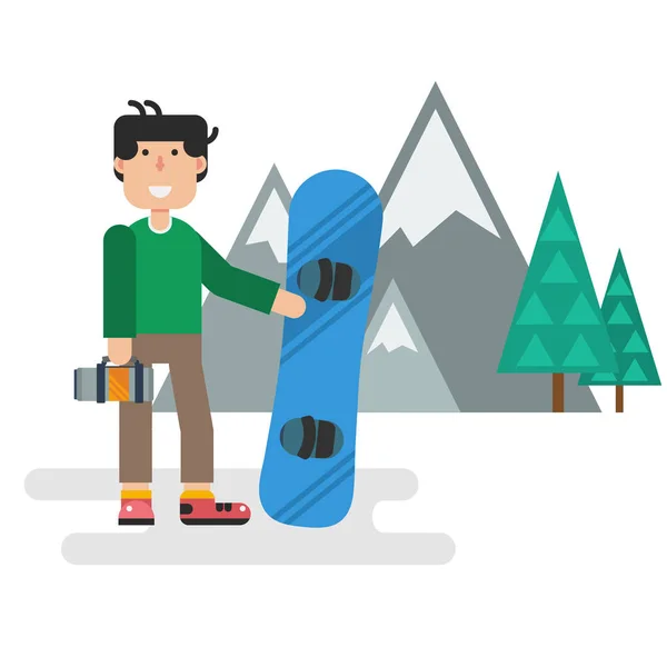 Plat gars avec snowboard contre les montagnes — Image vectorielle