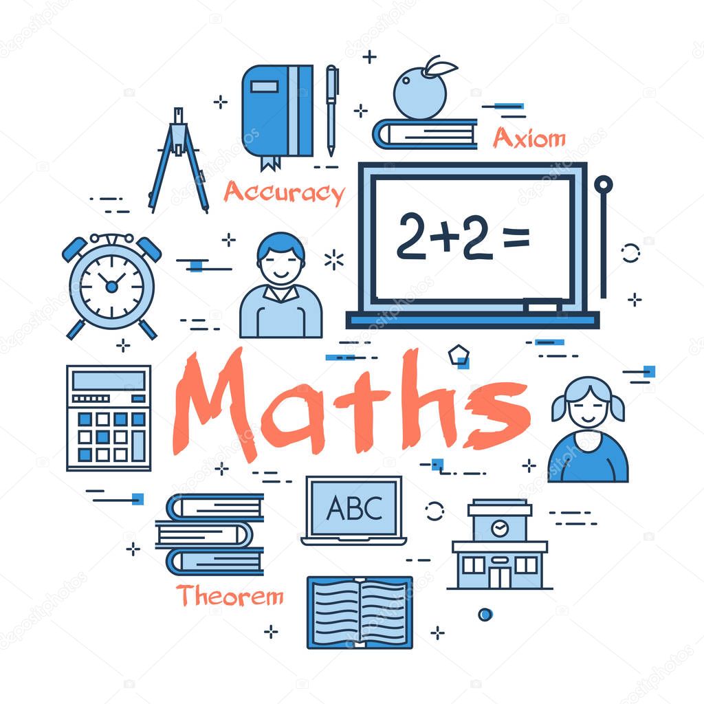 Vector linear blue round concept of Maths School Subject. Line icons of textbooks, a board with equations, students, theorems