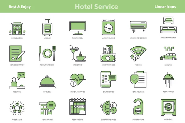 Conjunto de ícones de contorno colorido de hortelã vetorial - serviço de hotel — Vetor de Stock