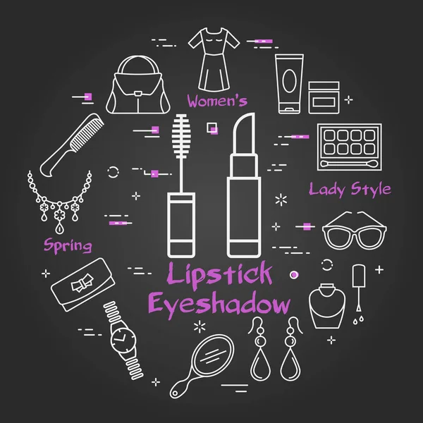 Vector woman accessories black concept - Lipstick and eyeshadow icon — Stock vektor