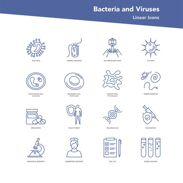 Conjunto vetorial de ícones lineares - Bactérias e vírus — Vetor de Stock