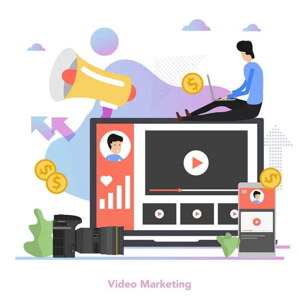 Conceito quadrado de vídeo marketing em plano —  Vetores de Stock