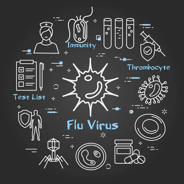 Concepto negro vectorial de bacterias y virus - icono del virus de la gripe — Vector de stock