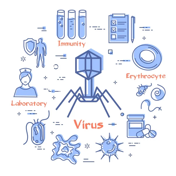 Vector concept of bacteria and viruses - bacteriophage icon — Stok Vektör