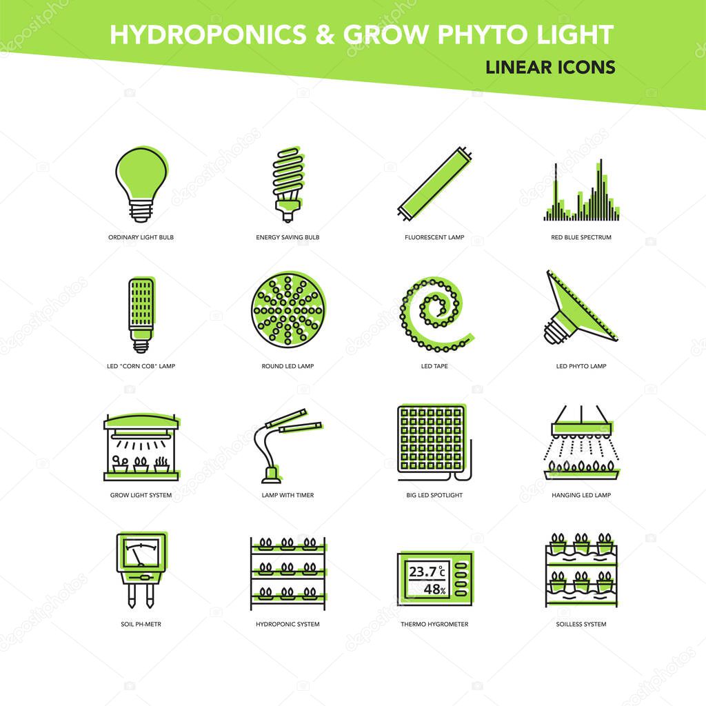 Vector green set of line icons - Hydroponics and grow led phyto light