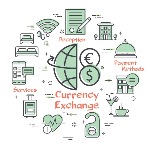 Concepto cuadrado de servicio hotelero vectorial - Cambio de divisas — Archivo Imágenes Vectoriales