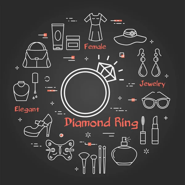 Mujer Negro Accesorios Concepto con anillo de diamante rojo Icono — Vector de stock