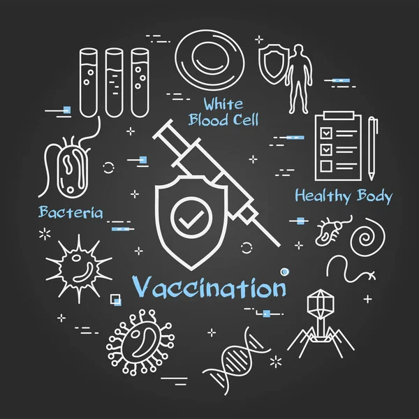 Concepto negro vectorial de bacterias y virus - icono de la jeringa de vacunación — Vector de stock