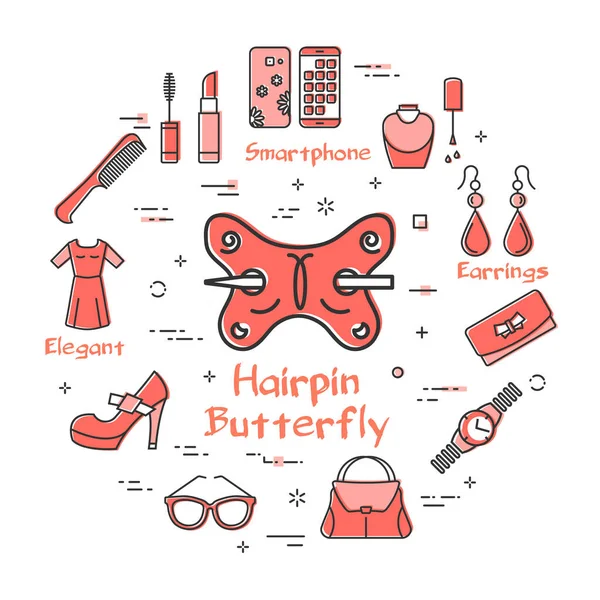 Mujer Accesorios Concepto con Red Hairpin icono de la mariposa — Vector de stock