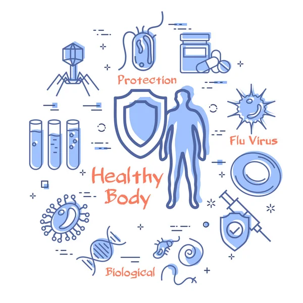 Concepto vectorial de bacterias y virus - icono saludable del cuerpo — Vector de stock