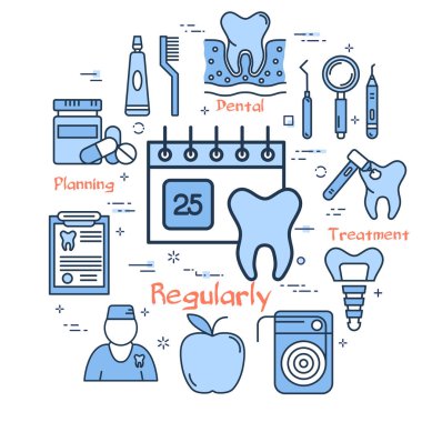 Vektör mavi çizgi yuvarlak kavramı - diş muayenesi tarihli takvim