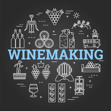 Şarap yapımının vektör siyah doğrusal yuvarlak konsepti