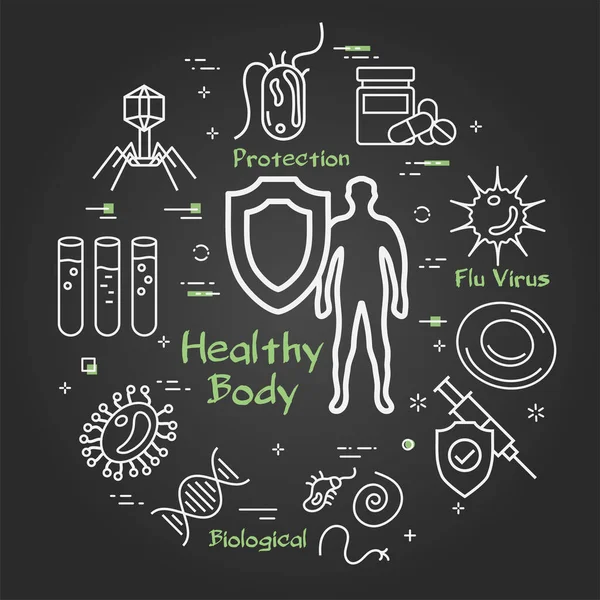 Bakteri ve virüslerin taşıyıcı siyah kavramı - sağlıklı vücut simgesi — Stok Vektör