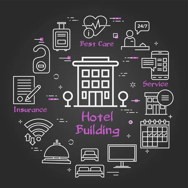 Vector zwart hotel service vierkant concept - Hotel Building — Stockvector