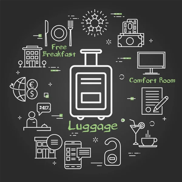 Vector black hotel service square concept - luggage bag with wheels — Stock Vector