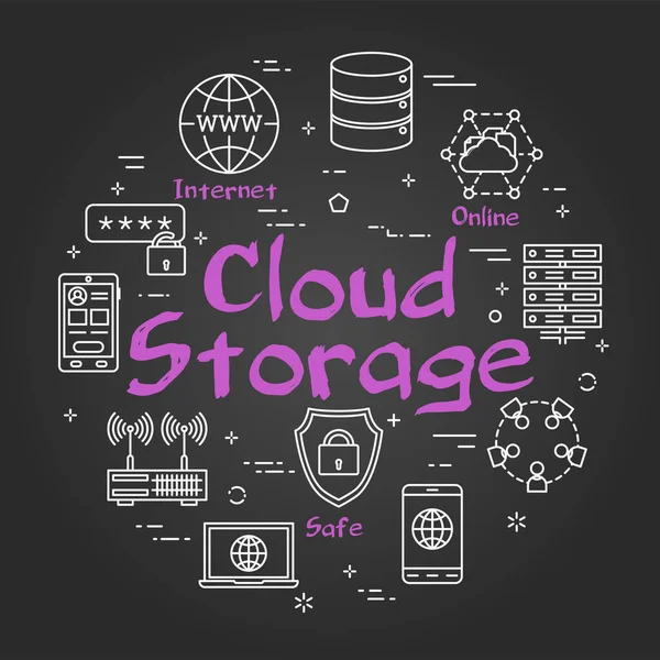 Concetto di linea nera vettoriale della tecnologia di rete sicura Internet come cloud storage — Vettoriale Stock