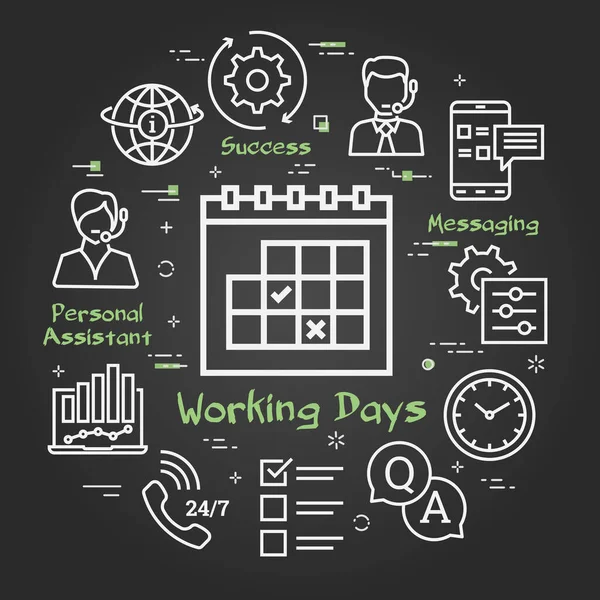 Vektorová černá koncepce online podpory - kalendář s ikonou pracovních dnů — Stockový vektor