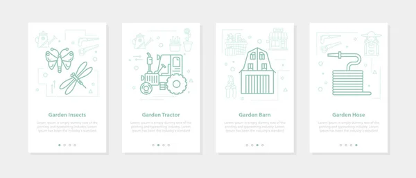 Cuatro pancartas de jardín lineales en blanco - insectos, tractor, granero, manguera — Vector de stock