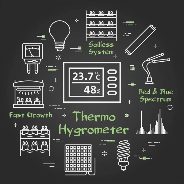 水耕栽培と成長主導の光のベクトルブラックコンセプト- thermo hygrometer — ストックベクタ