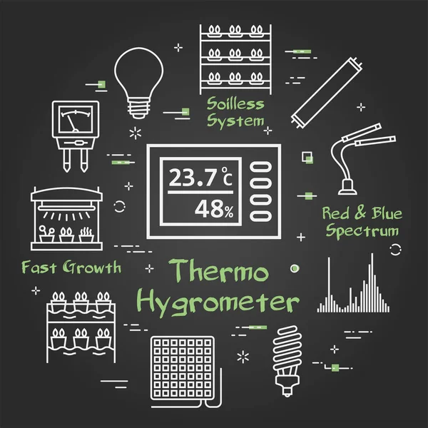 Conceito preto vetorial de hidropônico e crescimento levou luz - higrômetro térmico — Vetor de Stock