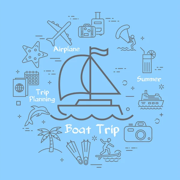 Jacht morski i letnie ikony wakacji, planowanie podróży — Wektor stockowy