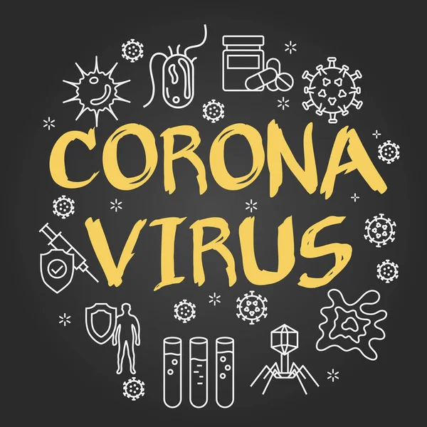 แนวคิดเชิงเส้นของโรคระบาดที่มีข้อความ CORONAVIRUS บนสีดํา — ภาพเวกเตอร์สต็อก