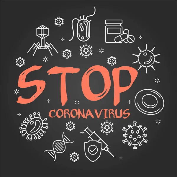 Vector black linear concept of coronavirus - STOP sign — Stock Vector