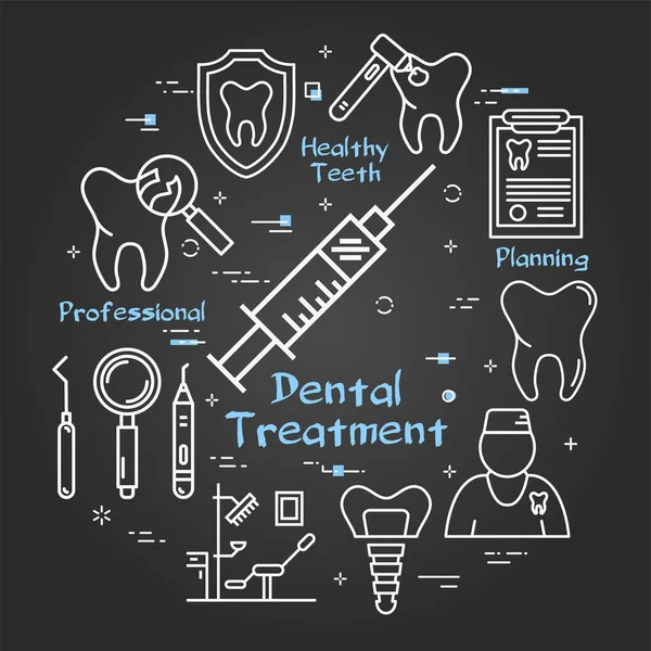 Conceito redondo de linha preta vetorial - ferramentas de dentista - seringa —  Vetores de Stock