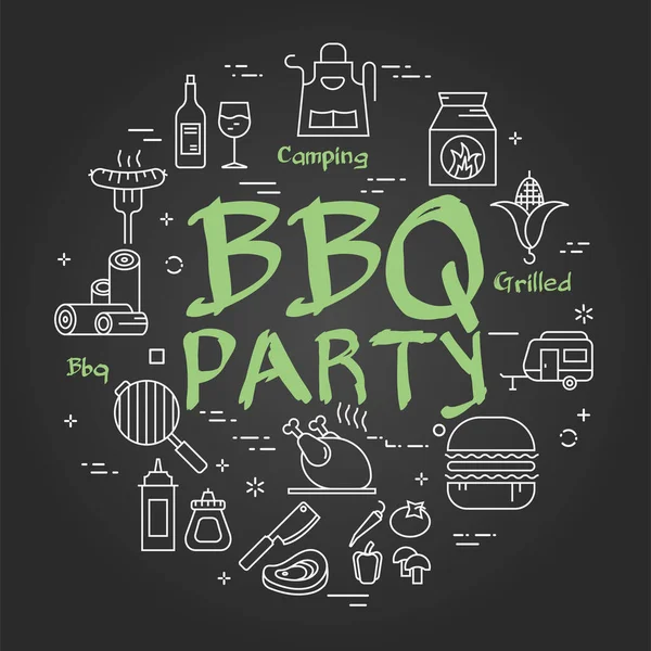 Banner de línea negra vectorial para picnic y parrilla - fiesta de barbacoa — Vector de stock