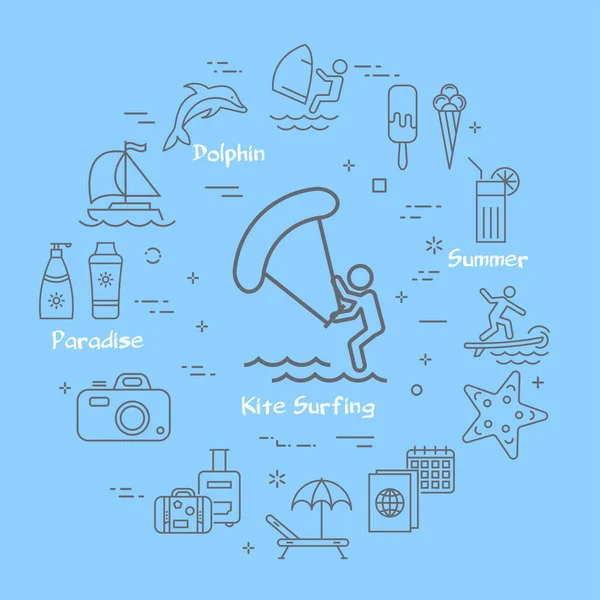 Vector lineal kite surf entretenimiento y los iconos de verano — Vector de stock