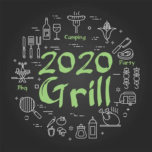 Vector zwarte lijn banner voor picknick en barbecue party - 2020 GRILL — Stockvector