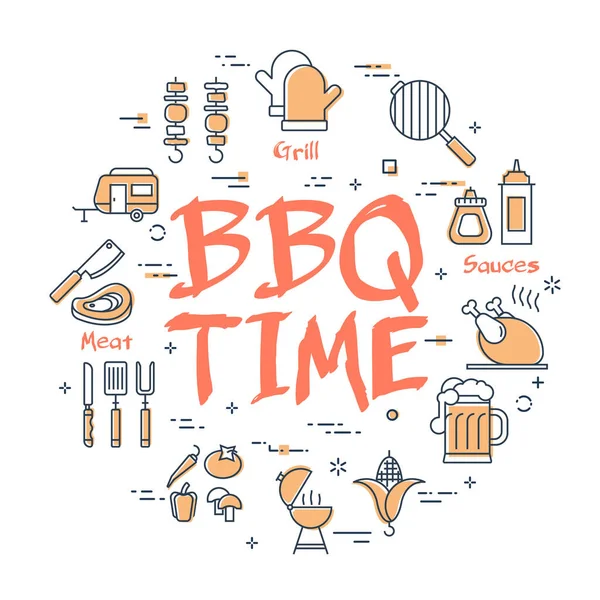 Banner de línea vectorial para picnic y fiesta de barbacoa - BBQ TIME — Vector de stock
