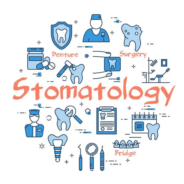 Banner de tela redonda lineal vectorial - Concepto de Estomatología — Vector de stock