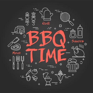 Piknik ve barbekü partisi için vektör siyah çizgi pankartı - BBBQ Time