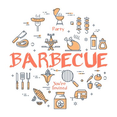 Piknik ve ızgara partisi için vektör hattı afişi - barbekü