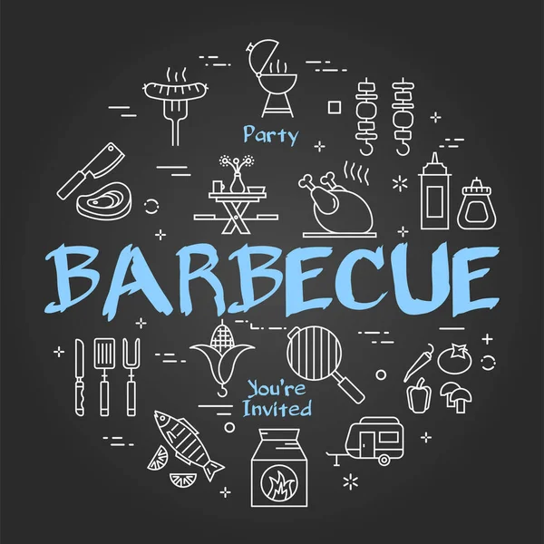 Vector zwarte lijn banner voor picknick en grill party - barbecue — Stockvector