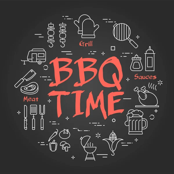 Vector Black Line Banner für Picknick und Grillparty - BBQ TIME — Stockvektor