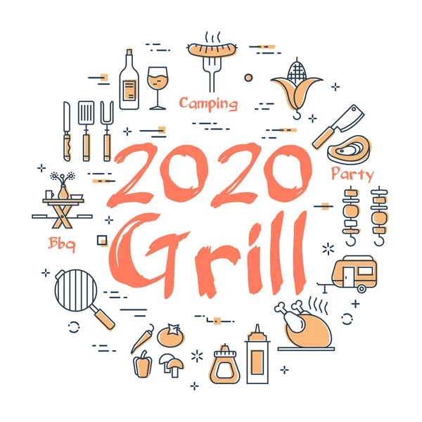 Vector line banner voor picknick en barbecue - 2020 GRILL — Stockvector